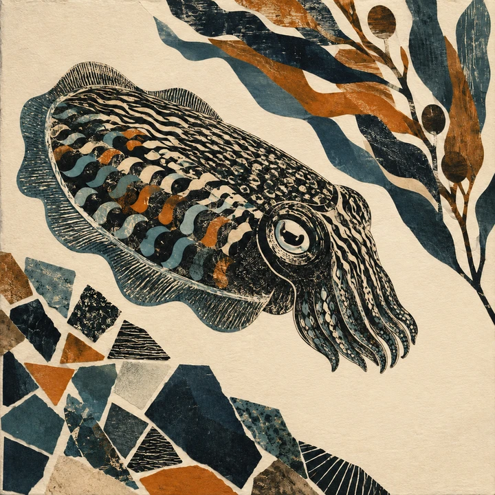 A relief-print cuttlefish with a patterned oval mantle and compact overlapping arms, beside giant kelp and scattered ink-colored fragments on cream paper.