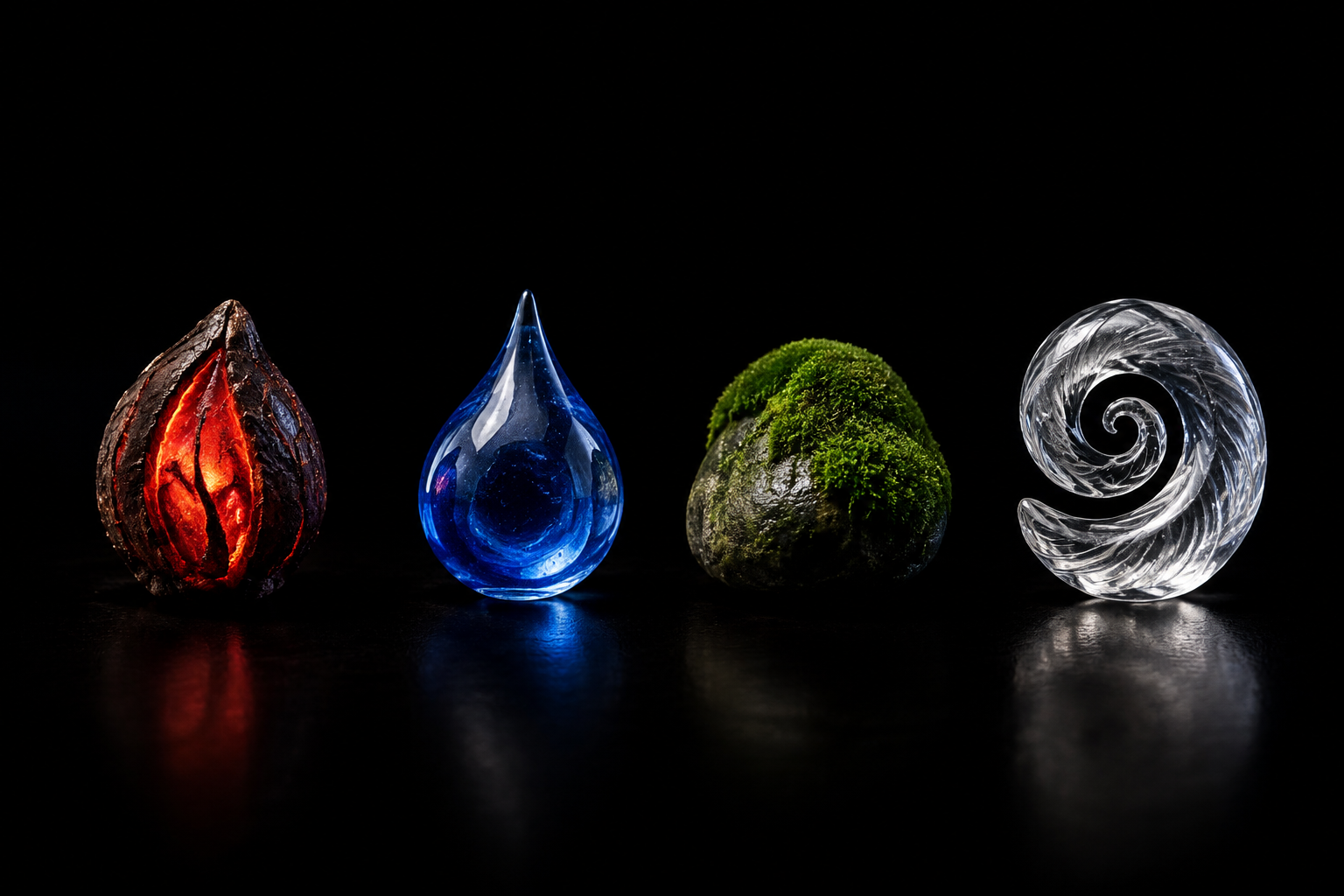 A glowing ember, blue glass tide drop, moss stone and clear spiral of gale.