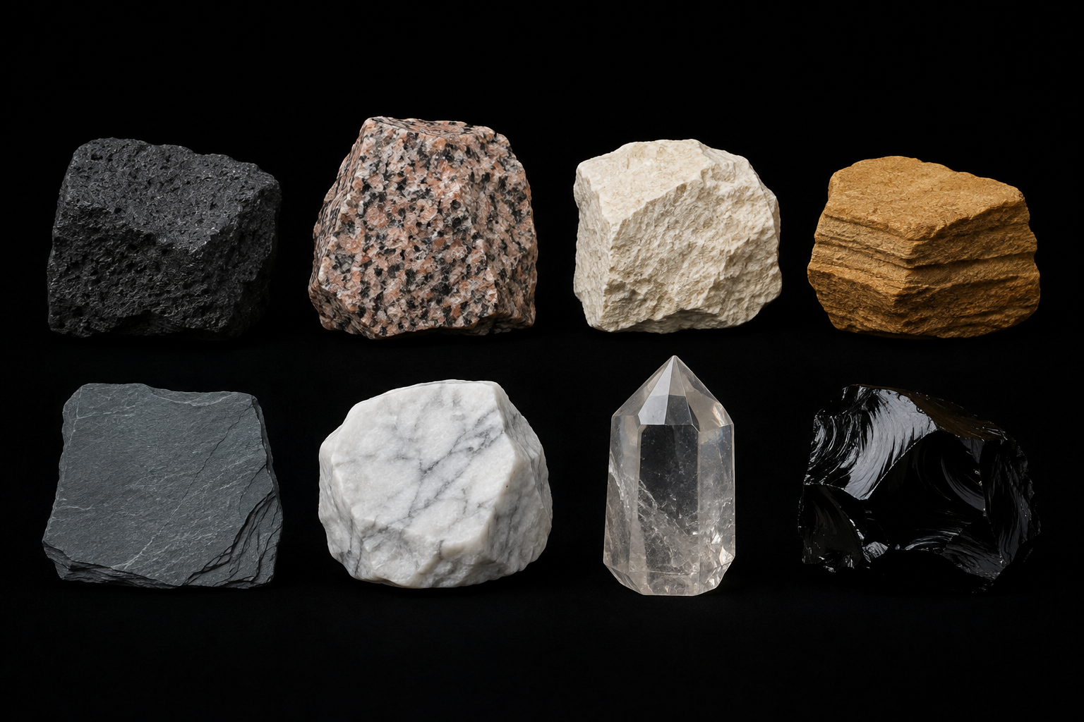 Basalt, granite, limestone and sandstone above slate, marble, quartz and obsidian, photographed against black.