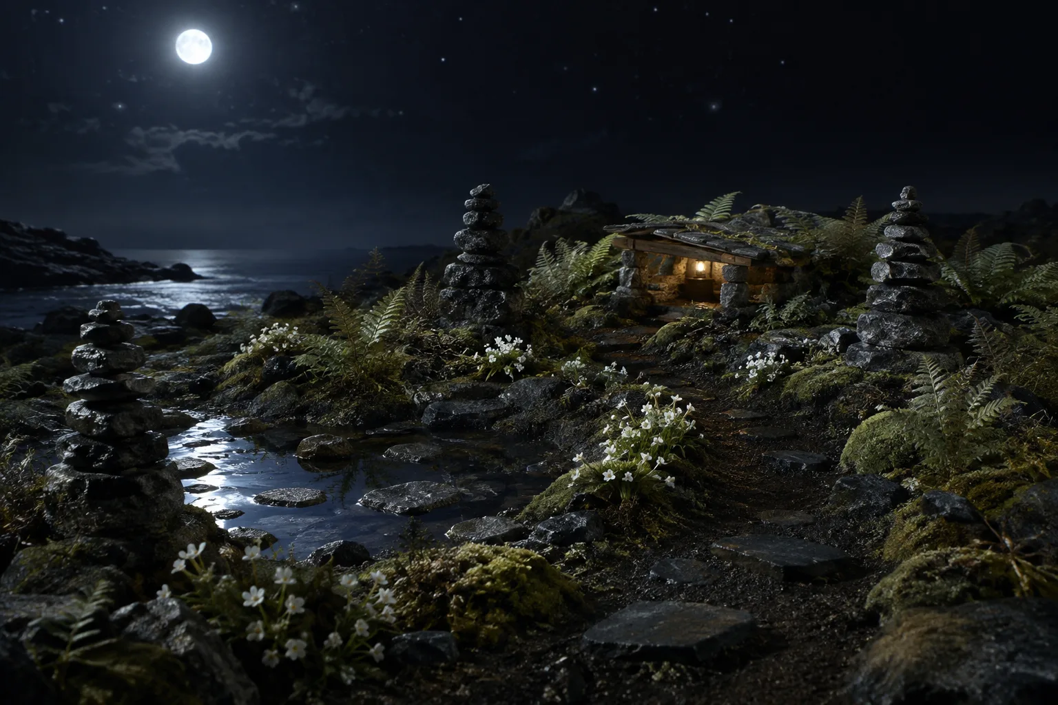 A moonlit coastal garden with a shallow pool, ferns, rough stone cairns and a tiny lit shelter.